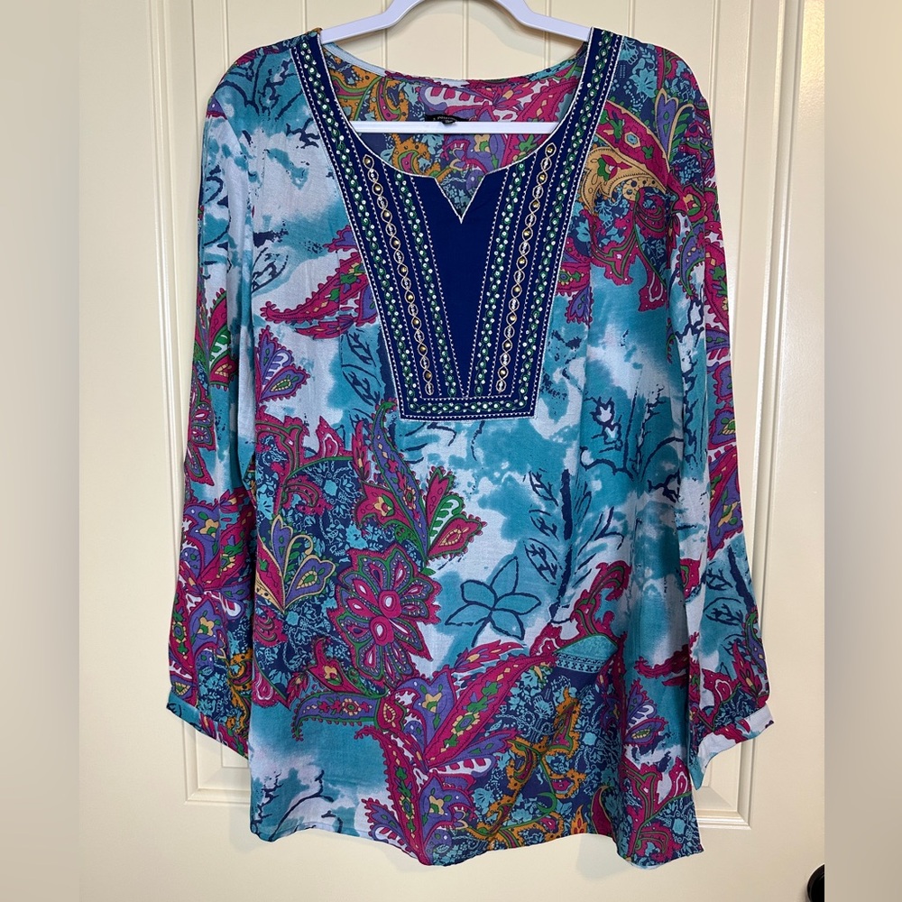 J Peterman Women Floral Embroidered viscose Tunic‎ Top lightweight sz M GUC